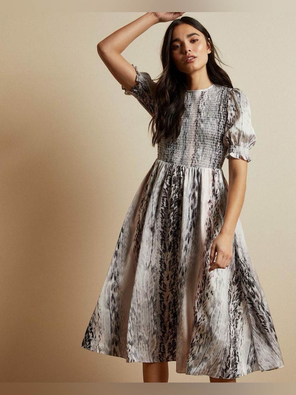 Ted Baker Halomah Snake Print Smocked Midi Dress Size 3 (US 8)
